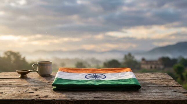Folded indian national flag placed on rustic wooden table with ceramic cup and oil lamp near mountains at sunrise light.
