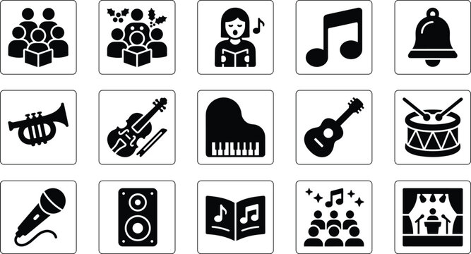 Set of black and white music and choir icons featuring instruments singing people and musical notes for artistic projects