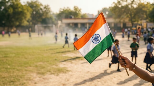 Close up of hand holding indian flag at school playground with blurred children running during festive occasion in india.