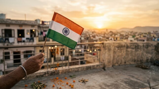 Hand holding indian flag on rooftop overlooking city at sunset with blurry houses and soft orange sky in residential area.