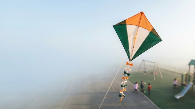 Colorful indian flag inspired kite with ribbon tail flying high over playground area filled with playing children in mist.