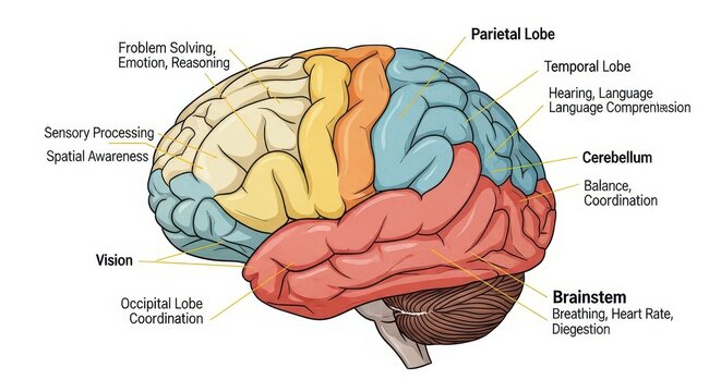 Detailed Anatomical Diagram of the Human Brain with Labeled Lobes