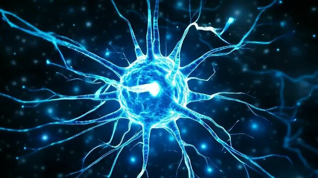 Glowing Biological Neuron Cell With Branching Dendrites in Deep Space Scientific Digital Illustration of Nervous System