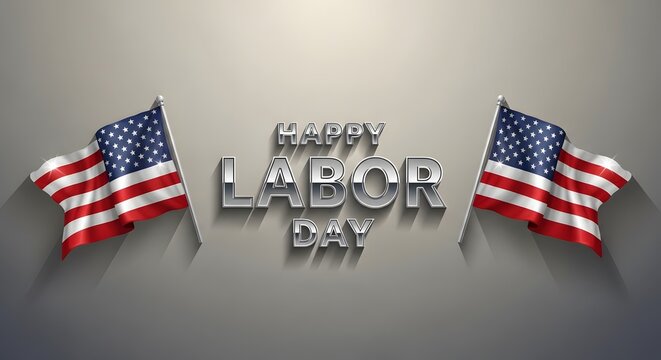 Happy labor day patriotic greeting with american flags and silver typography