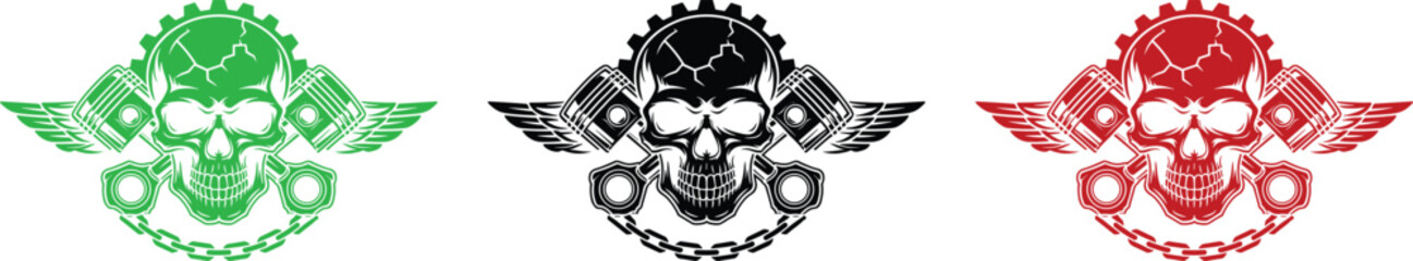 Industrial skull emblem featuring pistons, gears, and chains, symbolizing power and rebellion, presented in green, black, and red variations for diverse applications © QueenMomtaz 