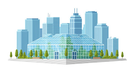 Fototapeta premium Modern Urban Greenhouse and Botanical Conservatory with City Skyscraper Skyline Vector Illustration