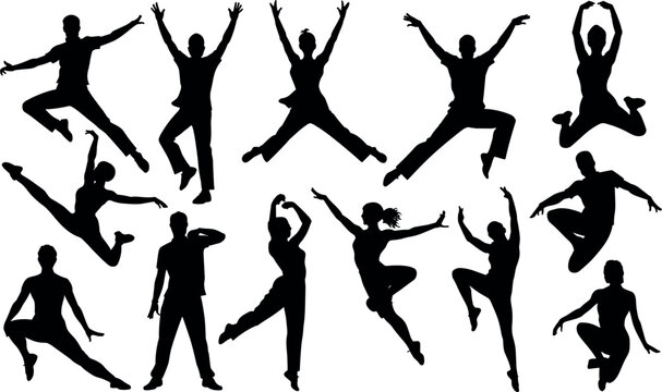 Jumping people silhouettes vector set, happy active dancers black shapes collection isolated on white background