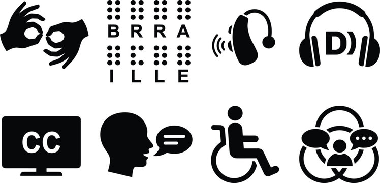 Disability accessibility and inclusion black silhouette vector icons set isolated on white background featuring sign language braille wheelchair hearing aid closed captioning symbols