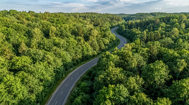 Aerial view of a winding blacktop road surrounded by lush, dense forest. Natural daylight highlights vibrant greenery and smooth pavement curves. Evokes calm, serene outdoor exploration.