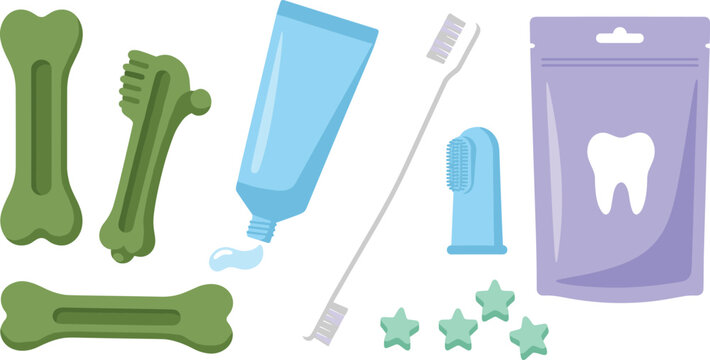 Pet Dental Care Vector Collection Featuring Dog Chew Bones, Toothpaste, Toothbrush, Finger Brush, Dental Treats, and Oral Hygiene Packaging