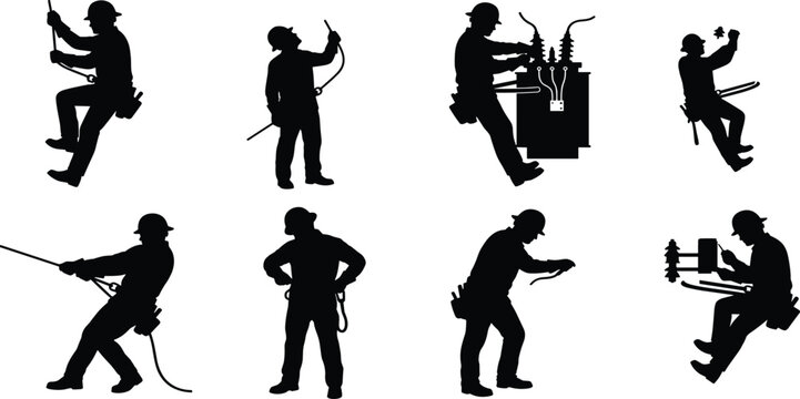 Art & IllustrationElectrical lineman lineworker and professional electrician workers repairing power grid utility lines infrastructure black silhouette vector icons set isolated on white background