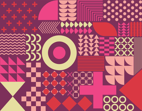 Purple and pink abstract seamless geometric pattern. Vector color background set in modern Bauhaus style for premium textile, fabric print, and wrapping paper design. Decorative mosaic minimal print