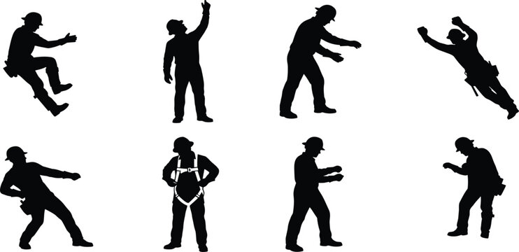 Art & IllustrationIndustrial construction worker and electrical lineman silhouettes set wearing hard hat safety harness and tool belt isolated on white background vector icons collection