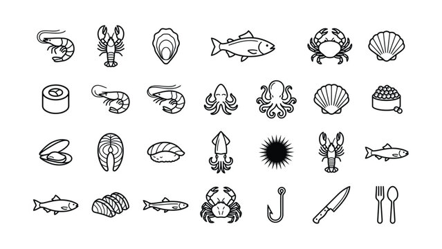Seafood sushi ingredients and utensils icons including fish shellfish crustaceans cutlery  seafood sushi ingredients and utensils icons including fish shellfish crustaceans cutlery
