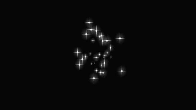 Twinkle star glitter overlay, white sparkling particles, fairy dust burst, glowing shine animation, magic stars trail, black background, seamless loop effect, clean 2d flat visual, elegant sparkle