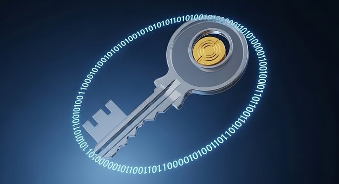 A 3D rendered silver key encircled by a binary code ring on a blue gradient background