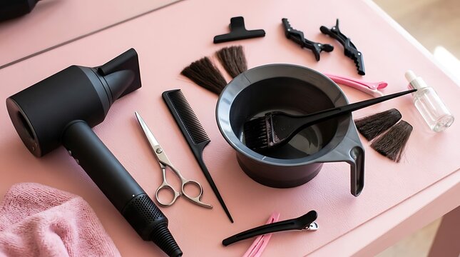 Black hair dye bowl with brushes, combs, and bottles on white marble surface hair coloring tools
