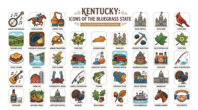 Kentucky icons collection featuring bluegrass state symbols horse racing bourbon banjo and nature on white background vector illustration