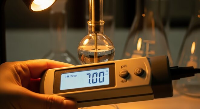 Digital pH Meter with Probe Measuring Liquid in Laboratory Setting
