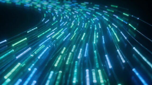 Fiber optic cables transmitting data with glowing blue and green light in motion animation footage