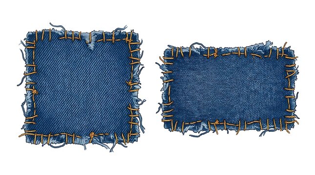 Denim fabric patch with visible stitching and frayed edges, blue color