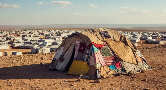 Dilapidated Refugee Tent in Desert Camp, Patched for Shelter and Resilience