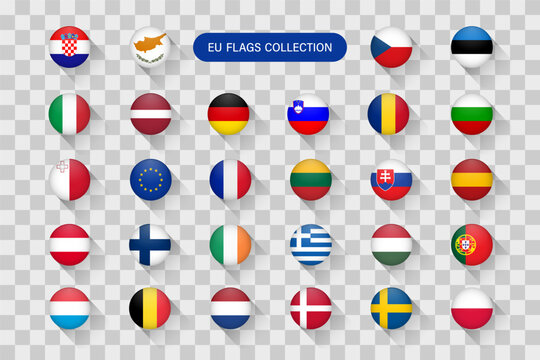 Official European Union member states national flags collection on transparent background as flat round circle button icons for web user interface and language selection