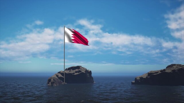Bahrain Flag Standing In The Middle Of The Ocean Near A Rock