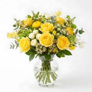 Beautiful Bouquet of Yellow Roses and Fresh Flowers in Glass Vase Floral Arrangement Isolated on White Background for Nature Decoration and Gift Concept