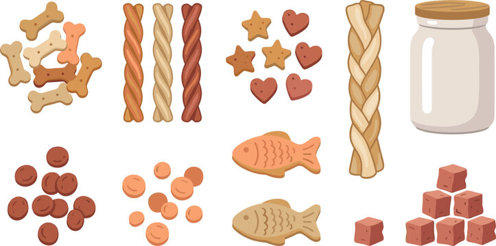 Pet Treats Vector Collection Featuring Bone Biscuits, Twisted Chews, Fish Snacks, Heart Cookies, Training Treats, Jerky Sticks, Freeze Dried Cubes, and Glass Storage Jar