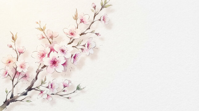 Watercolor-style cherry blossom branch with soft pink flowers, minimalist composition, subtle gradient background, studio lighting, evoking calm and elegance.