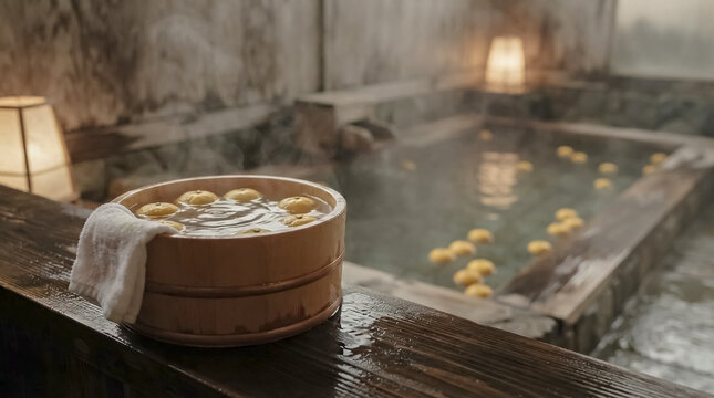 Close-up of a wooden tub containing citrus slices beside a hot spring bath with floating fruit. Warm, dimly-lit indoor setting evokes relaxation and cultural tradition.