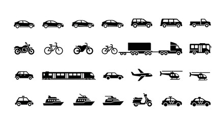 Collection of various transportation icons with motorcycles bicycles airplanes black white transportation cars trucks motorcycles icons with icons © Pabitra
