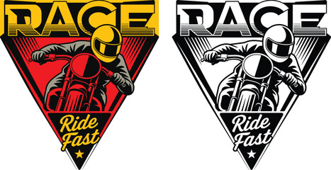 Vintage motorcycle racer emblem with "race" and "ride fast" text riding © QueenMomtaz 