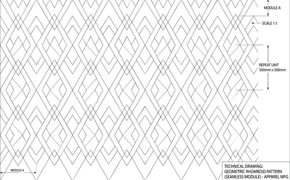 Technical blueprint featuring a seamless geometric rhomboid pattern with engineering annotations for textile manufacturing design
