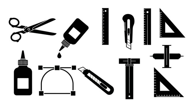 Black and white illustration of various office supplies with collection black office supply icons white background utility knife t square protractor