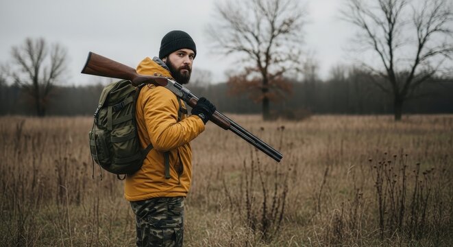 Portrait of a Bearded Hunter in Yellow Jacket Carrying a Shotgun and Backpack in a Foggy Autumn Field
