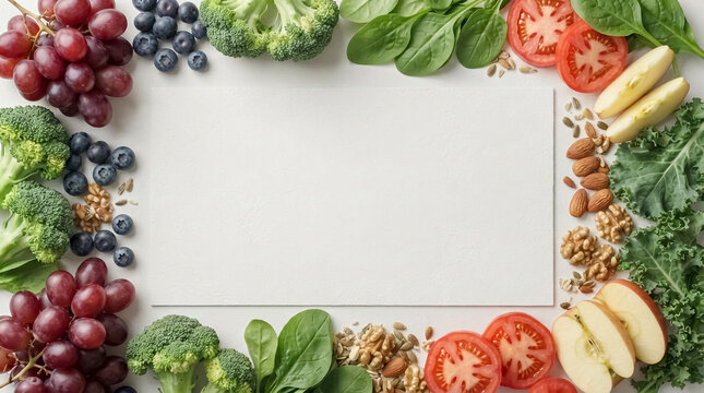 Flat lay of assorted fresh produce including grapes, broccoli, tomatoes, apples, nuts, and greens. Bright, evenly-lit studio shot with clean white background. Ideal for health-focused content.