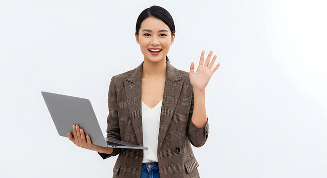 Woman waving while holding tablet and smiling