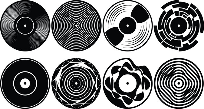 Vintage vinyl record and retro audio gramophone disc vector icon collection isolated on white background