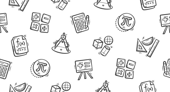 Math icon doodle background. Mathematics objects pattern background. Math education seamless pattern. Mathematical equation hand drawn seamless pattern with pi, drawing compass, rulers, and shapes.