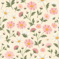 Obraz premium Daisy pattern. Beautiful seamless vector floral pattern, white, pink daisies on a light background. For spring summer prints, textiles, wrapping paper, packaging, stationery, cards, summer design, web
