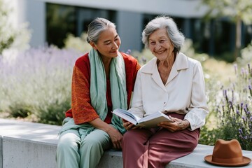 Fototapeta premium Older women reading together in a garden setting with lavender background for wellness poster and community care banner design