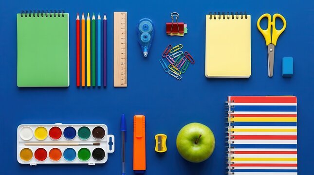 School supplies arranged on a blue background