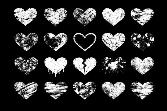 Collection of Distressed White Hearts on Black Background