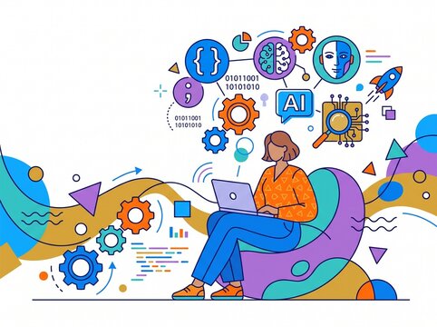 Woman developer working on laptop with artificial intelligence and coding concept flat vector illustration