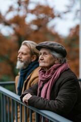 Fototapeta premium Elderly couple on a balcony in autumn outerwear looking into the distance for banner and background use