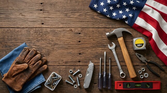 Labor day celebration american flag with construction tools on rustic wood background for holiday marketing