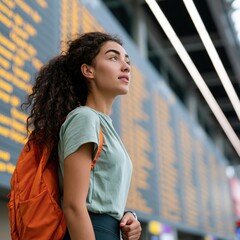 Fototapeta premium Young woman with orange backpack looking at departure board in airport terminal for travel background and banner use in transportation design