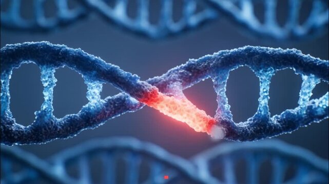 Blue DNA double helix strands cross over frosty textured surface with bright red central glow, floating particles, layered dark blur, and strong symmetrical macro scientific composition for genetic